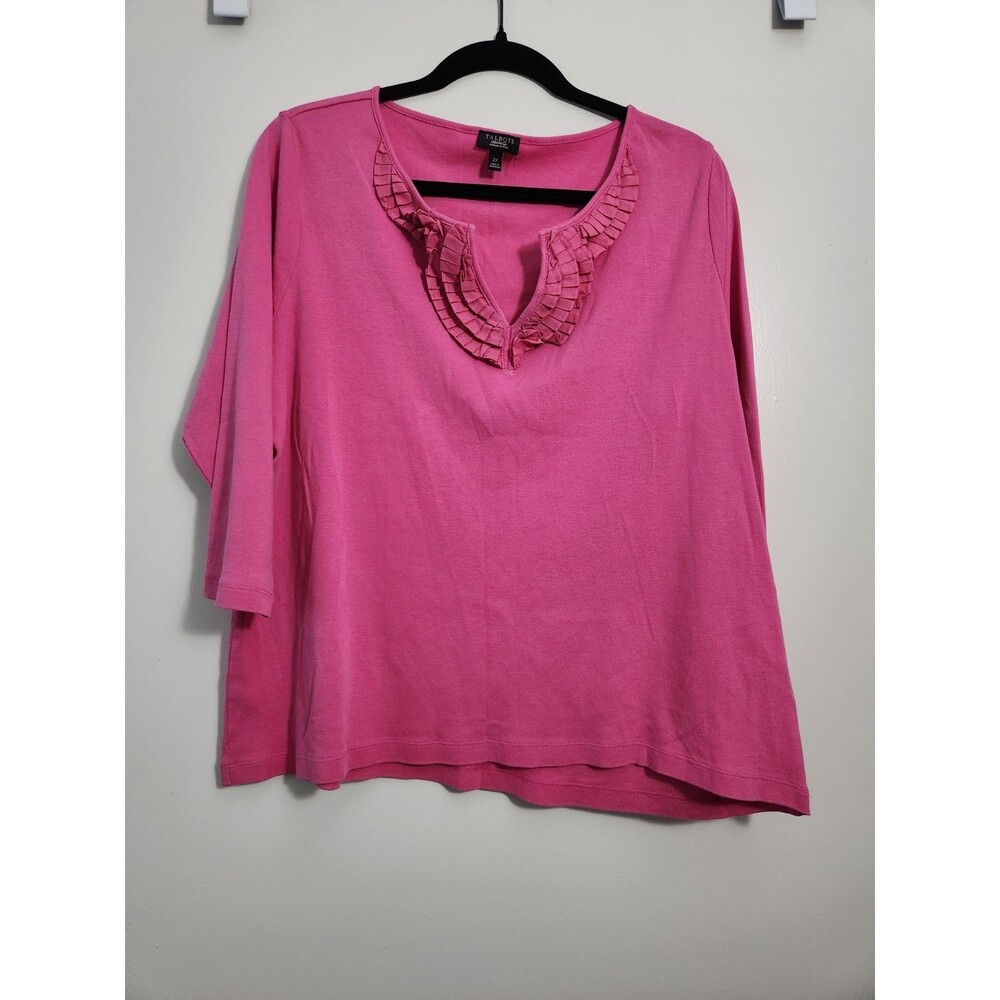 Talbots Womens Sz 2X Pink 3/4 Sleeve Top V-Neck 100% Cotton Blouse Casual Summer